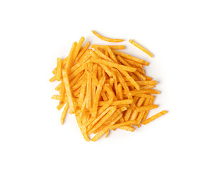 Fried chips sticks isolated, finger potato chips, golden shoestring fries pile, French fries