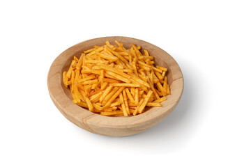 Fried chips sticks isolated, finger potato chips, golden shoestring fries pile, French fries