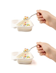 Yogurt cup isolated, yoghurt in plastic pot, milk pudding container, dairy food small package