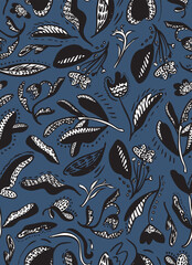 Abstract florals with leaves seamless repeat pattern. Random placed, hand drawn botany in black and white, aop, all over surface print on dark blue background.