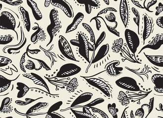 Monochrome, Abstract florals with leaves seamless repeat pattern. Random placed, hand drawn botany in black and white, aop, all over surface print on beige background.