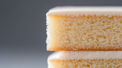 A close-up shot showcases the delectable texture of stacked sponge cakes, topped with smooth, white icing. Soft light highlights the moist crumb and glossy finish, inviting indulgence.