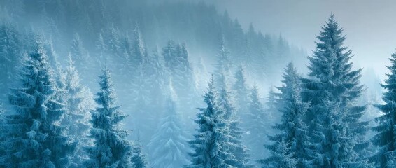 Vertical video of a dense winter forest covered in snow. Tall evergreen trees standing in a cold, foggy landscape. Atmospheric nature background for mobile wallpaper - Powered by Adobe