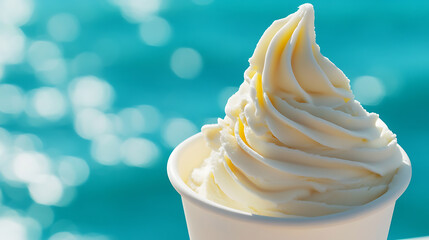 Close-up of a swirling vanilla soft serve ice cream cone in a white paper cup. The turquoise background adds a refreshing, summery vibe to this tasty dessert treat.