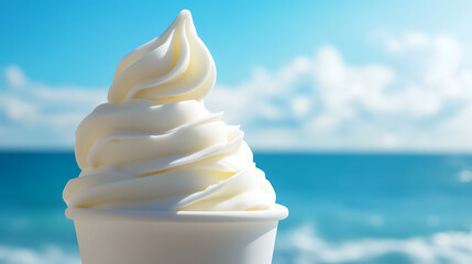 A luscious swirl of vanilla soft serve ice cream, set against a backdrop of a serene ocean and sky. A sweet escape to paradise in every bite. Savor the simple joys of summer.