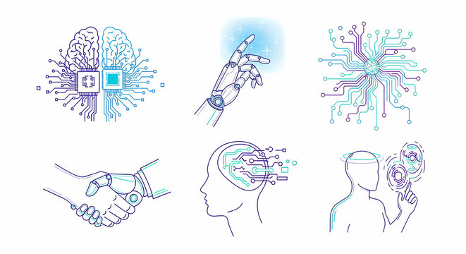 Set of futuristic line art illustrations about artificial intelligence and human connection with technology. Hand drawn concepts of brain with circuit board, human hand touching hologram, data flow