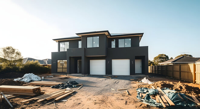 Modern, two-story duplex under construction. The exterior is a dark gray with white garage doors. Construction materials are scattered in the unlandscaped yard.