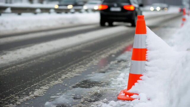 Traffic cone on a snowy road with cars driving in the background. Wet and slushy highway during a winter storm. Hazardous driving conditions and road safety concept
