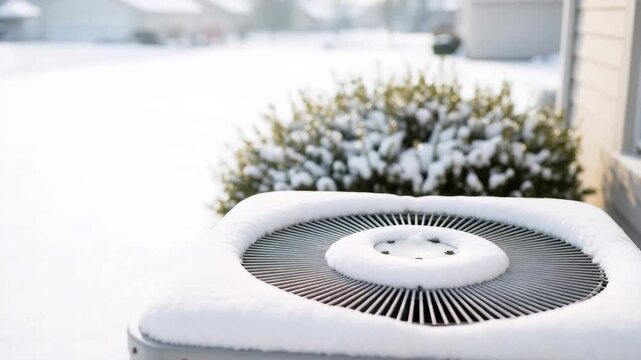 A home air conditioner unit covered in snow during a winter storm. Close-up of an HVAC system in cold weather. Home maintenance and energy efficiency concept with copy space for text