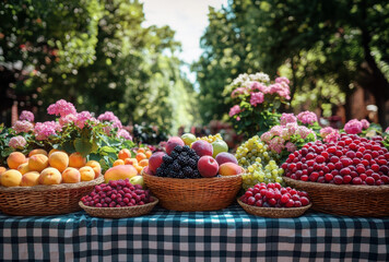 Wicker basket filled with fresh apples, grapes, and peaches placed on checkered tablecloth in sunlit autumn forest, symbolizing seasonal fruit harvest.