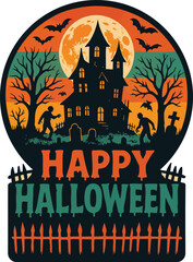 Spooky halloween night scene with haunted elements and silhouettes