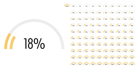 Set of semicircle percentage progress bar diagrams meters from 0 to 100 ready-to-use for web design, user interface UI or infographic - indicator with yellow