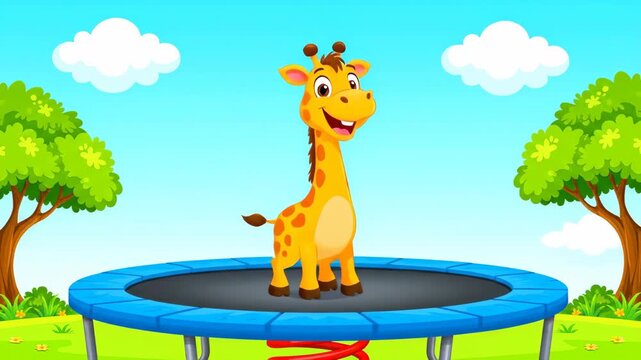 Cartoon giraffe bouncing on a trampoline against a blue sky background