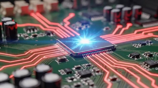 Plano de fundo digital realista mostrando uma placa de circuito eletr&ocirc;nico com chip central emanando energia azul. Estilo tecnol&oacute;gico moderno, ideal para wallpaper de celular.