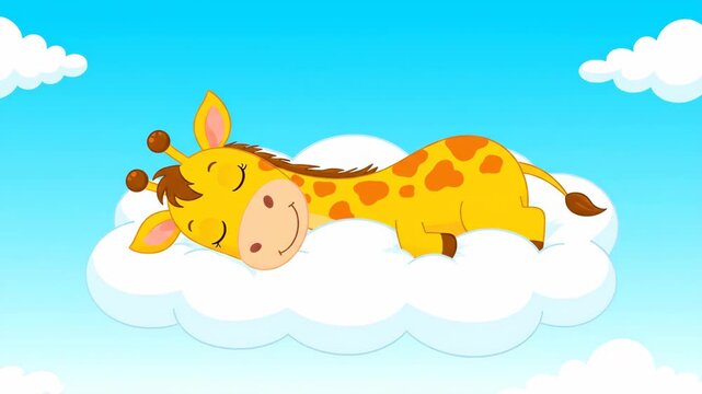 Cartoon giraffe sleeping on cloud in sky illustration