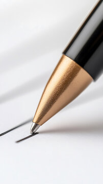 A close-up captures a pen in action, its gold tip poised on white paper, creating a precise black line. Symbolizing focus, precision, and creativity in writing.