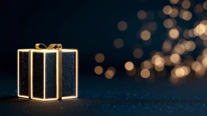 Glowing gold gift box on a dark sparkling background. Elegant holiday present with festive bokeh lights. Luxury celebration concept for Christmas or a birthday with copy space - Powered by Adobe