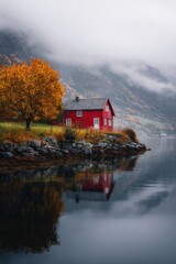 Fototapeta premium A serene red house stands gracefully beside a tranquil lake, enveloped by vibrant autumn trees and majestic mountains, all shrouded in a mystical morning mist
