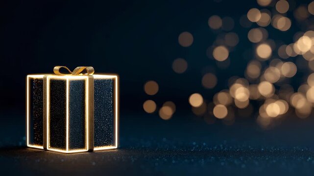 Glowing gold gift box on a dark sparkling background. Elegant holiday present with festive bokeh lights. Luxury celebration concept for Christmas or a birthday with copy space