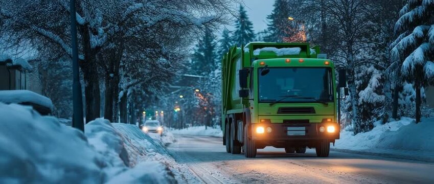 A green garbage truck driving on a snowy road in winter. Municipal waste management vehicle operating in cold weather conditions at dusk. Vertical video animation