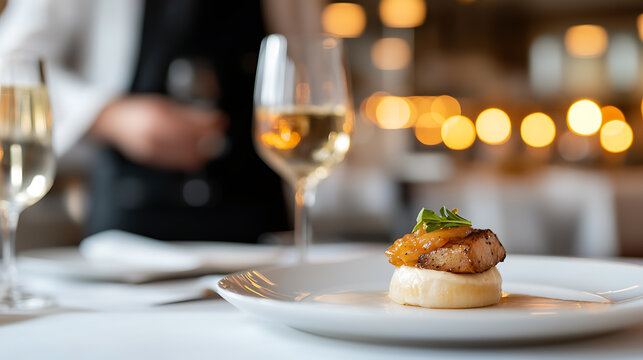 Culinary art at its finest! A gourmet dish featuring a savory patty atop a creamy base, garnished with fresh greens, alongside a glass of crisp white wine. Elegance on a plate!