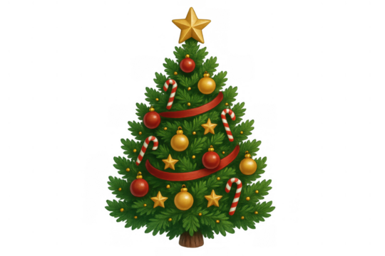 Christmas tree decorating with star, ornaments, candy canes, ribbon on transparent background celebrating winter holidays