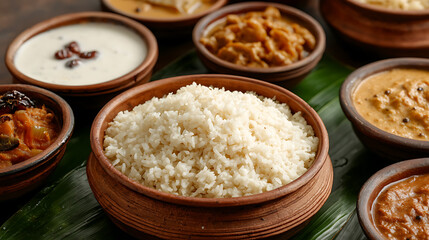 A delectable spread of culinary delights awaits! Steaming rice, creamy yogurt, & flavorful curries converge in earthen bowls, creating a feast for the senses.