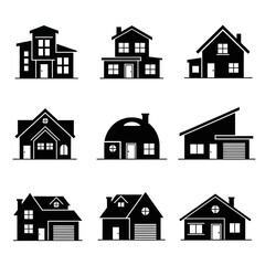 Collection of Diverse House Silhouettes Representing Various Architectural Styles.