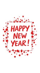 Festive Happy New Year Greeting with Red Confetti and Stars.