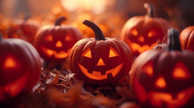 A group of carved Halloween pumpkins with various facial expressions displayed on a table photo