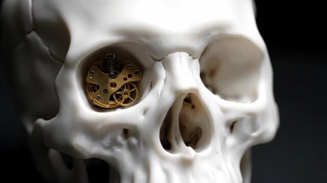 Close up of a human skull with mechanical elements in the eye socket for medical science or education