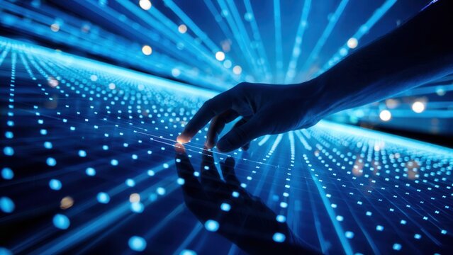 Hand touching a digital screen with glowing blue dots representing technology and connectivity concept - Powered by Adobe