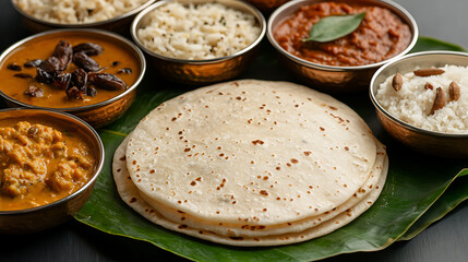 A tantalizing array of Indian cuisine featuring assorted curries, fragrant rice, and soft roti, all served on a vibrant banana leaf, promising an authentic and delicious meal.