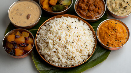 Capture of a vibrant culinary spread, featuring rice with other delicious dishes. Each dish presents a unique color, showcasing different culinary flavors for everyone.