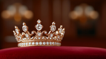 Regal symbol of power, adorned with sparkling diamonds. The golden crown rests on a red velvet pillow, radiating opulence and prestige. For royalty, fantasy, & high fashion.