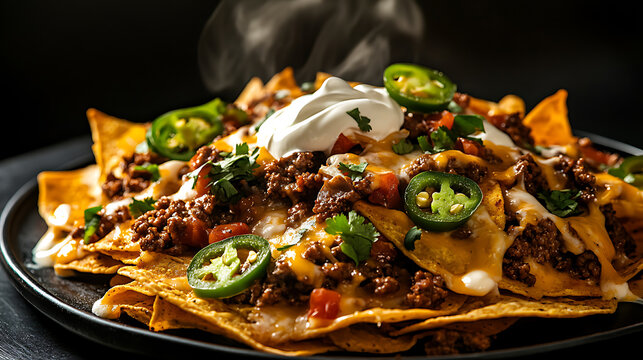 A tantalizing plate of cheesy nachos topped with seasoned ground beef, fresh cilantro, and sliced jalapeños, all crowned with a dollop of sour cream for a burst of flavor.
