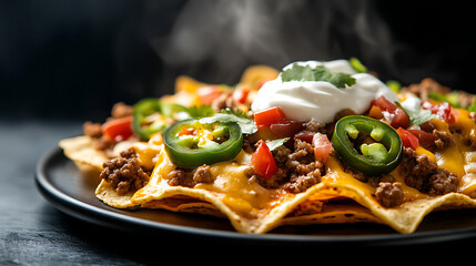 Delight in these cheesy nachos, complete with zesty jalapenos, savory beef, fresh tomatoes, and creamy sour cream. A taste sensation you won't want to miss!