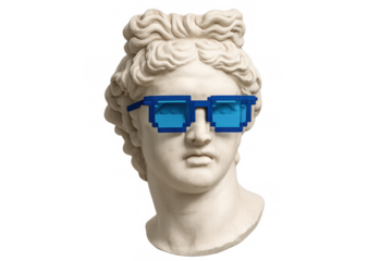 Ancient greek bust wearing modern pixel art sunglasses presenting a vaporwave aesthetic on transparent background