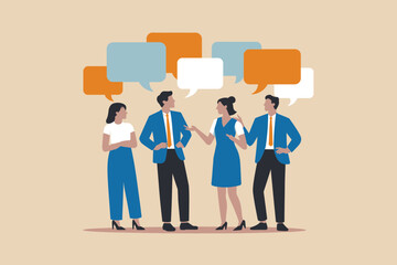 Diverse group of professionals collaborating and communicating ideas in a meeting setting with speech bubbles