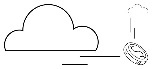 Large cloud and falling coin represent cloud computing, data transfer, and digital economy. Ideal for technology, fintech, innovation, financial growth, networking, cloud storage modern economy