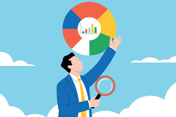 Business professional analyzing financial data with pie chart magnifying glass and bar graph insights sky background