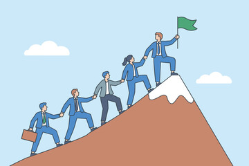 Teamwork and leadership climbing a snowy mountain peak to plant a green flag symbolizing success and achievement
