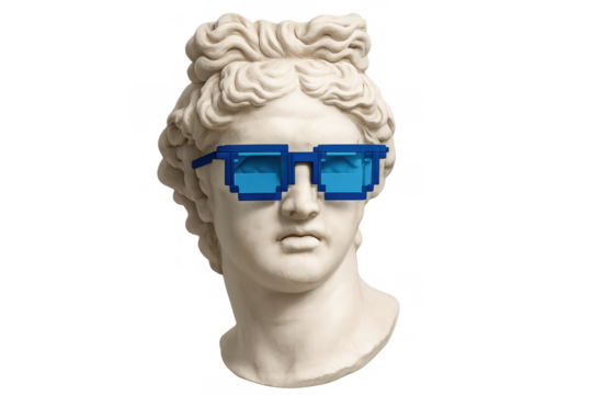 Ancient greek bust wearing modern pixel art sunglasses presenting a vaporwave aesthetic on transparent background