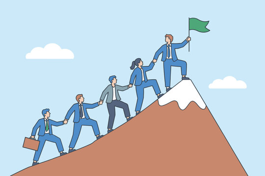 Teamwork and leadership climbing a snowy mountain peak to plant a green flag symbolizing success and achievement - Powered by Adobe