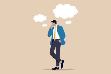 Business man lost in thought with empty speech bubbles symbolizing ideas strategy decision making and conceptualization