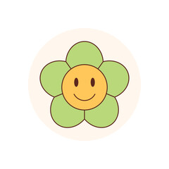 Groovy flower sticker with a cute yellow smiley and retro circle shape in flat y2k style. Perfect as a seal for package lid, modern and positive branding detail.
