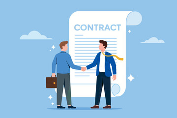 Business partnership agreement handshake with contract document symbolizing successful deal and collaboration