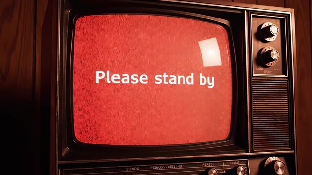 Vintage television with static screen displaying please stand by message, evoking nostalgia and technological obsolescence please stand by