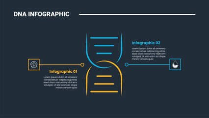 DNA science helix infographic process diagram with big shape with versus comparison on opposite direction with dark background bright outline style 2 points