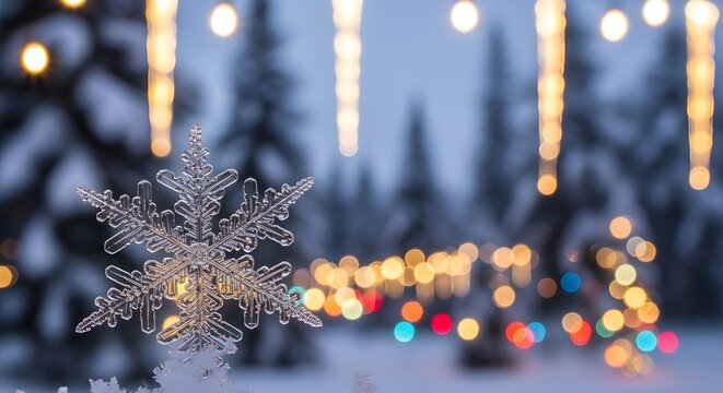 Kristalna božićna pahuljica: Makro snimak prikazuje zamr&scaron;enu ljepotu bistre, kristalne pahuljice, postavljene na zamućenoj pozadini svečanih svjetala i drveća prekrivenog snijegom.